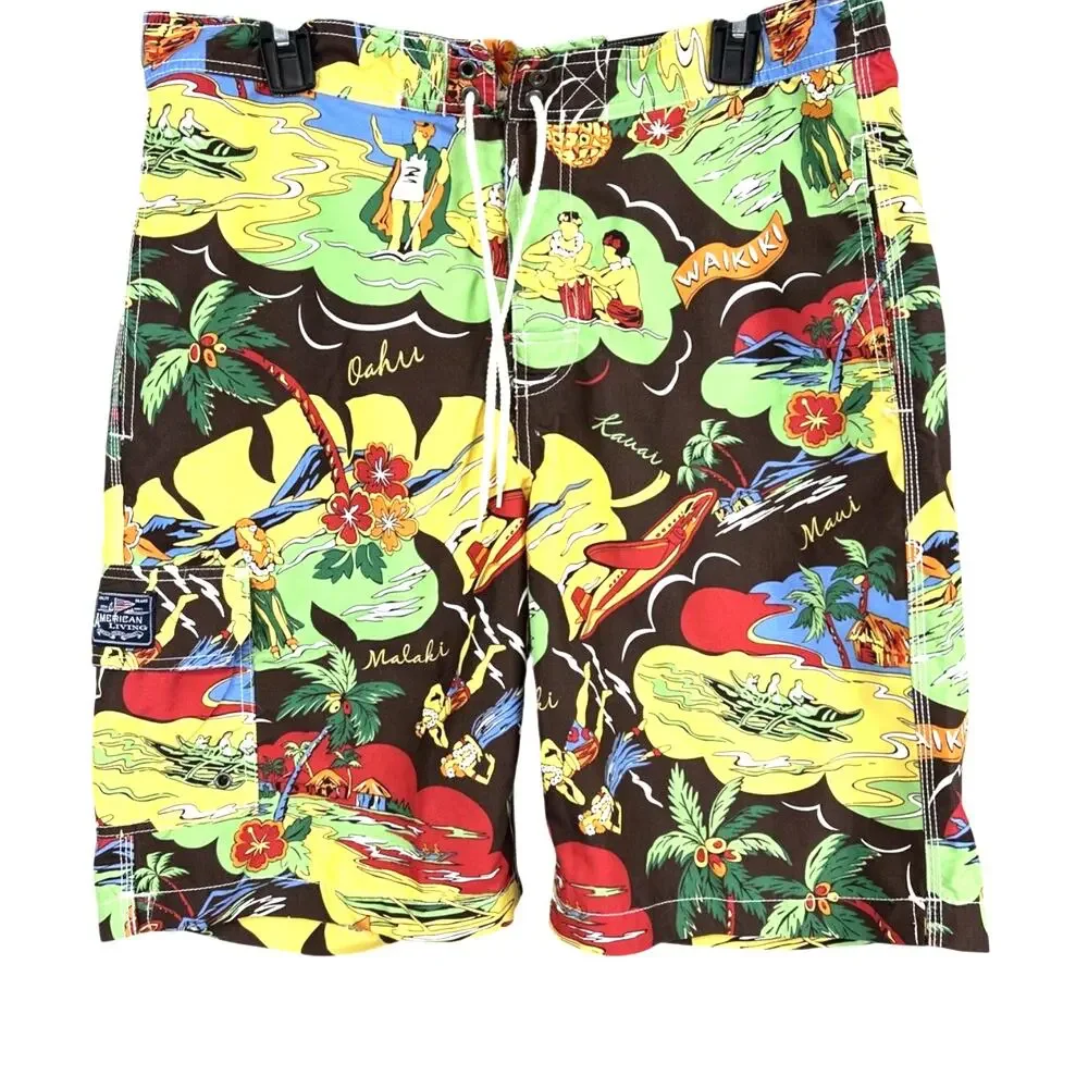 American Living Men’s Swim Trunks Size Medium Hawaiian Shorts Tropical Swimwear